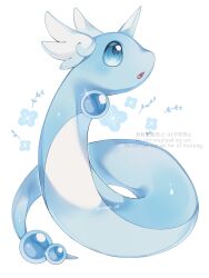 blue_eyes commentary dragonair flower_symbol full_body gen_1_pokemon highres iwasi_29 nintendo no_humans open_mouth pokemon pokemon_(creature) simple_background solo symbol-only_commentary twitter_username watermark white_background