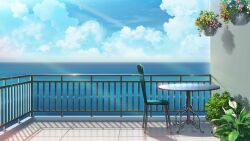 balcony bistro_table blue_sky chair cloud cloudy_sky day drop_shadow hanging_plant highres horizon no_humans non-web_source ocean official_art our_life:_beginnings_and_always plant potted_plant railing reflective_floor scenery sky sunlight