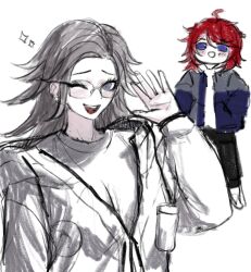 2girls ahoge aotsuki_eito black_pants blue_eyes blush diamond_(shape) female_focus full_body genderswap genderswap_(mtf) hair_between_eyes hand_up highres jacket long_sleeves looking_at_viewer messy_hair multiple_girls one_eye_closed open_mouth pants red_hair shirt simple_background sketch standing sumino_takumi teeth the_hundred_line_-last_defense_academy- tongue upper_body upper_teeth_only white_background white_jacket white_shirt wink