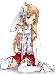 10s 1girl armor asuna_(sao) bare_shoulders between_legs black_eyes braid breastplate brown_hair detached_sleeves female_focus long_hair looking_at_viewer moonsorrow planted planted_sword planted_weapon pleated_skirt simple_background sitting skirt solo sword sword_art_online thighhighs wariza weapon white_background white_thighhighs zettai_ryouiki