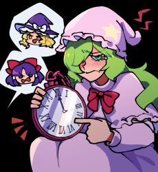 Rule 34 | 3girls, analog clock, angry, aqua dress, aqua hat, black background, blonde hair, blush, bow, chibi, chibi inset, clock, dress, frown, furrowed brow, green eyes, green hair, hair bow, hair over one eye, hakurei reimu, hakurei reimu (pc-98), hat, hat bow, iganashi1, kazami yuuka, kazami yuuka (pc-98), kirisame marisa, kirisame marisa (pc-98), long hair, looking at viewer, lotus land story, medium hair, multiple girls, nightcap, nightgown, one eye covered, open mouth, orange eyes, oversized object, pocket watch, pointing, purple eyes, purple hair, red bow, roman numeral, simple background, speech bubble, star (symbol), tearing up, touhou, touhou (pc-98), upper body, watch, white bow, witch hat