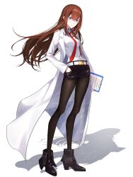 blue_eyes clipboard hand_in_pocket highres holding holding_clipboard lab_coat makise_kurisu pantyhose red_hair shirase_rin shirt short_shorts shorts steins;gate white_background white_shirt