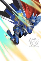 1boy armor artist_logo bakeneko38 blue_armor cape claw_(weapon) digimon digimon_(creature) highres knight logo miragegaogamon red_cape simple_background slashing solo twitter_username weapon white_background