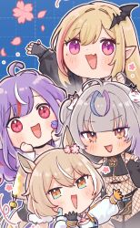4girls ahoge animal_ears bandaid bandaid_on_cheek bandaid_on_face bat_hair_ornament biscotti_(vtuber) blonde_hair blue_eyes bodystocking breasts brown_eyes brown_hair cherry_blossoms chibi chibi_only cropped_hoodie fang fingerless_gloves fishnet_bodystocking fishnets flower fox_hair_ornament gloves grey_hair hair_flower hair_ornament hakamii highres hood hoodie horse_girl kou_mariya large_breasts long_hair looking_at_viewer mole mole_under_eye mono_monet multicolored_eyes multicolored_hair multiple_girls open_mouth orange_gloves pink_hair pink_streaks pointy_ears purple_eyes purple_hair red_eyes red_hair scrunchie second-party_source skin_fang smile streaked_hair twintails two-tone_gloves v4mirai virtual_youtuber white_hair white_hoodie white_scrunchie yae_yugiri yellow_eyes