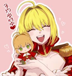 1234oo 1girl ahoge blonde_hair character_doll closed_eyes commentary dress epaulettes fate/extra fate/grand_order fate_(series) green_eyes heart holding holding_stuffed_toy light_blush nero_claudius_(fate) open_mouth pink_bag red_dress smile solo stuffed_toy teeth twitter_username upper_teeth_only watermark web_address