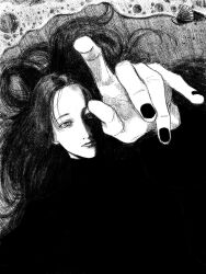 1girl black_hair greyscale highres long_hair looking_at_viewer lying monochrome on_back original puddle reaching reaching_towards_viewer solo tp_p_pt