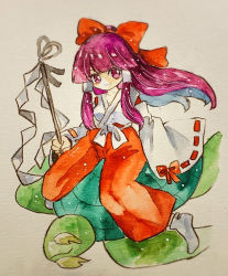 1boy 1girl beard bow closed_mouth colored_inner_hair detached_sleeves facial_hair full_body genjii_(touhou) gohei hair_bow hair_tubes hakama hakama_pants hakurei_reimu hakurei_reimu_(pc-98) holding japanese_clothes key747h legs_apart looking_at_viewer multicolored_hair painting_(medium) pants paper_texture purple_eyes purple_hair red_bow ribbon-trimmed_sleeves ribbon_trim riding shirt sidelocks smile solo touhou touhou_(pc-98) traditional_media watercolor_(medium) white_footwear white_shirt wide_sleeves