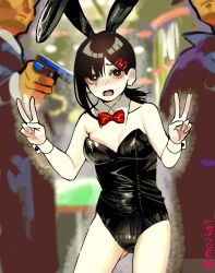 Rule 34 | 1girl, 2boys, alternate costume, animal ears, ayanemio2717, black leotard, bow, bowtie, breasts, brown eyes, brown hair, chainsaw man, detached collar, double v, fake animal ears, flying sweatdrops, gun, hair ornament, hairclip, higashiyama kobeni, highres, holding, holding gun, holding weapon, leotard, multiple boys, playboy bunny, rabbit ears, red bow, red bowtie, small breasts, sweat, twitter username, v, weapon