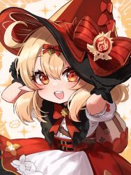 1girl :d artist_name bag black_gloves blonde_hair bow bowtie child genshin_impact gloves hair_bow hat highres hitsujino_mery klee_(blossoming_starlight)_(genshin_impact) klee_(genshin_impact) looking_at_viewer official_alternate_costume open_mouth orange_eyes pointy_ears red_bow red_bowtie red_hat short_sleeves smile teeth twintails upper_teeth_only vision_(genshin_impact) witch_hat