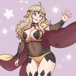 Rule 34 | 1girl, ahoge, black bridal gauntlets, blonde hair, bodystocking, breasts, bridal gauntlets, circlet, cleavage, fire emblem, fire emblem fates, gold cape, grey eyes, hayato stuff, highres, hip armor, large breasts, long hair, looking at viewer, nintendo, open mouth, ophelia (fire emblem), panties, solo, underwear, yellow panties