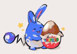 Rule 34 | azumarill, blush stickers, chocolate, closed eyes, commentary, creature, creature focus, food, full body, gen 2 pokemon, grey background, happy, holding, holding food, kinder surprise, nintendo, no humans, pokemon, pokemon (creature), smile, snoozaga, solo, star (symbol)