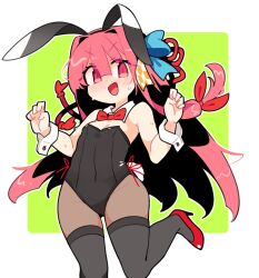 1girl :d animal_ears black_leotard black_pantyhose black_thighhighs blue_ribbon blush border bow bowtie breasts cleavage commentary cowboy_shot detached_collar fake_animal_ears green_background hair_between_eyes hair_ribbon hands_up high_heels highres ini_(inunabe00) kotonoha_akane leotard long_hair looking_at_viewer open_mouth outline outside_border pantyhose pink_eyes pink_hair playboy_bunny rabbit_ears red_bow red_bowtie red_shoes ribbon shoes simple_background small_breasts smile solo standing standing_on_one_leg strapless strapless_leotard sweat thighhighs thighhighs_over_pantyhose v-shaped_eyebrows voiceroid white_border white_outline wrist_cuffs