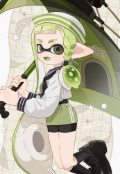 1girl asymmetrical_hair black_neckerchief black_shoes black_shorts blue_sailor_collar blue_socks braid colored_tongue crop_top dixie_cup_hat fangs green_eyes green_hair green_skirt green_tongue hat highres holding holding_weapon inkling inkling_girl inkling_player_character loafers long_hair long_pointy_ears long_sleeves military_hat miniskirt mole mole_under_mouth neckerchief nintendo open_mouth pointy_ears sabata_saba sailor_collar sailor_shirt shirt shoes shorts shorts_under_skirt single_braid skirt socks solo splatoon_(series) striped_clothes striped_headwear tenta_brella_(splatoon) tentacle_hair weapon white_hat white_shirt