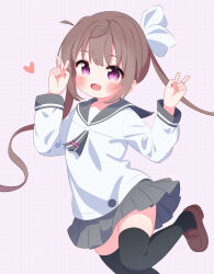 Rule 34 | 1girl, ahoge, black thighhighs, blush, bow, brown hair, brown shoes, double v, fang, flat chest, grey neckerchief, grey skirt, hair bow, heart, long hair, long sleeves, looking at viewer, momochi tamate, neckerchief, open mouth, pink eyes, polka dot, polka dot background, purple background, r245, school uniform, shirt, shoes, skirt, slow start, smile, standing, standing on one leg, thighhighs, twintails, v, white bow, white shirt, wind, wind lift