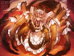 1girl animal_ears arachne arthropod_girl breasts brown_dress brown_hair cleavage commentary_request dress full_body hogara indoors insect_girl juliet_sleeves long_hair long_sleeves looking_at_viewer maid maid_headdress medium_breasts monster_girl multicolored_hair neck_fur orange_background original puffy_sleeves red_eyes solo spider_girl streaked_hair taur