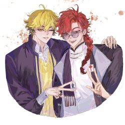 2boys ahoge alternate_costume black_jacket black_scarf blonde_hair braid braided_ponytail changpao chinese_clothes chinese_commentary chumo-qulingxiao collared_shirt earrings fang hand_on_another&#039;s_shoulder highres holding holding_mahjong_tile jacket jewelry long_hair long_sleeves looking_at_viewer mahjong mahjong_tile male_focus multicolored_hair multiple_boys one_eye_closed open_mouth red_eyes red_hair round_eyewear scarf shiguang_dailiren shirt short_hair single_braid smile sunglasses sweater upper_body v white_background white_shirt xia_fei xiao_weiying yaoi yellow_eyes yellow_sweater