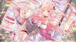 1girl animal_ears cake cat cat_ears food highres long_hair looking_at_viewer one_eye_closed original pink_eyes pink_hair skirt solo tail virtual_youtuber yiyieryiyi