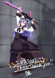 Rule 34 | 1girl, absurdres, arm tattoo, arms up, assault lily, bare shoulders, black bow, black bowtie, black choker, black skirt, bow, bowtie, breasts, brown pantyhose, brown shoes, choker, clothing cutout, commentary request, commission, dated, frilled skirt, frilled sleeves, frills, full body, grin, hair between eyes, hat, hat tassel, high-low skirt, highres, holding, holding sword, holding weapon, indoors, large breasts, legs apart, light blush, loafers, long bangs, long hair, long sleeves, looking at viewer, outstretched arm, pantyhose, parted lips, pink eyes, purple hair, senri (senri03151221), shadow, shirt, shoes, shoulder cutout, skeb commission, skirt, smile, solo, standing, sword, takamatsu shiera, tattoo, underbust, weapon, white hat, white shirt, wide sleeves