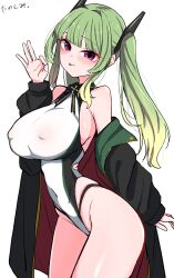 1girl :p azur_lane bare_shoulders black_jacket blonde_hair blush breasts covered_erect_nipples covered_navel gradient_hair green_hair groin hand_up highleg highleg_one-piece_swimsuit highres jacket large_breasts long_hair looking_at_viewer maggiore_baracca_(azur_lane) multicolored_hair oha_(oha_h22) one-piece_swimsuit purple_eyes simple_background solo swimsuit tongue tongue_out twintails white_background white_one-piece_swimsuit