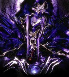 1girl black_lips covered_eyes fate/stay_night fate_(series) highres hood hood_up hooded_robe long_hair luneishexing medea_(caster)_(fate) medea_(fate) purple_hair robe smile solo upper_body