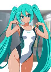 Rule 34 | 1girl, ?, absurdres, aqua eyes, aqua hair, aqua nails, black one-piece swimsuit, blue sky, clothes pull, cloud, commentary request, competition swimsuit, covered navel, cowboy shot, hatsune miku, highres, long hair, looking at viewer, multicolored swimsuit, one-piece swimsuit, one-piece swimsuit pull, sky, solo, squatting, swimsuit, tan, tanline, tattoo, twintails, vocaloid, yurizuku owl