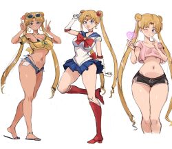 1girl alternate_costume bead_choker beads bikini bishoujo_senshi_sailor_moon blonde_hair blue_eyes blue_sailor_collar bow brazil brazilian_flag brazilian_flag_print brazilian_miku breasts choker crescent crescent_choker crescent_earrings dark_skin dolphin_shorts double_bun earrings elbow_gloves flag_print gloves hair_bun hair_ornament hatsune_miku heart heart_choker highres jewelry long_hair magical_girl midriff multiple_views one_eye_closed pink_top rakeemspoon rectangular_earrings red_bow red_choker sailor_collar sailor_moon sailor_moon_pose sailor_senshi sailor_senshi_uniform sandals shirt shorts skirt solo sunglasses swimsuit tan twintails vocaloid white-framed_eyewear white_gloves yellow_shirt