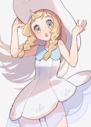 Rule 34 | 1girl, blonde hair, braid, commentary request, dress, green eyes, hat, highres, lillie (pokemon), long hair, looking at viewer, nintendo, open mouth, pokemon, pokemon sm, ririmon, solo, sun hat, twin braids, white background, white dress, white hat, wind