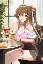 +_+ 1girl absurdres bare_shoulders blush bow brown_eyes brown_hair brown_skirt cake cake_slice clothing_cutout commentary_request cream cup eating food fork frilled_thigh_strap girls&#039;_frontline girls&#039;_frontline_2:_exilium hair_between_eyes hair_bow hair_intakes hair_ornament highres holding holding_fork holding_plate indoors k2_(girls&#039;_frontline) long_hair looking_at_viewer macaron melreon one_side_up orange_bow pancake pancake_stack parfait plaid_clothes plaid_skirt plate pleated_skirt pudding round_table saucer shirt shoulder_cutout sitting skirt solo strawberry_parfait striped_bow sweets symbol-shaped_pupils table thigh_strap thighs utensil_in_mouth white_shirt yoohee_(girls&#039;_frontline_2)