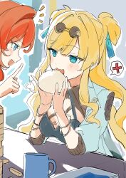 2girls :d absurdres blonde_hair blue_eyes blue_jacket blush_stickers breasts commentary_request cup eyewear_on_head food hair_intakes hands_up highres holding holding_food honkai_(series) honkai_impact_3rd index_finger_raised jacket long_hair long_sleeves medium_breasts mug multiple_girls notice_lines open_mouth outline puffy_long_sleeves puffy_sleeves red_hair roena round_eyewear senadina smile songque songque_(astralop) steamed_bun sunglasses two_side_up very_long_hair white_outline