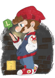 1boy ?_block alternate_costume beanie blue_eyes blue_pants brown_hair cellphone collared_jacket colored_speech_bubble commentary_request converse denim facial_hair fashion full_body hand_in_pocket hat highres holding holding_phone image_in_speech_bubble jacket jeans long_sleeves male_focus mario mario_(series) monogram multicolored_footwear multicolored_jacket mustache nintendo pants phone profile red_hat sideburns smile solo speech_bubble star_(symbol) super_mushroom user_tptg4448