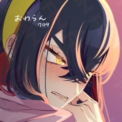 1girl black_hair blush carmine_(pokemon) close-up colored_inner_hair crossed_bangs eyelashes hair_between_eyes hairband multicolored_hair nintendo parted_lips pokemon pokemon_sv red_hair saotome_(neptune_0416) solo sweatdrop two-tone_hair upper_body yellow_eyes yellow_hairband