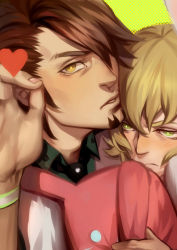 2boys bad_id bad_pixiv_id barnaby_brooks_jr. beard blonde_hair blush brown_eyes brown_hair facial_hair green_eyes heart kaburagi_t._kotetsu multiple_boys nianbingzi stuffed_animal stuffed_rabbit stuffed_toy tiger_&amp;_bunny wristband