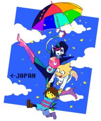 1boy 1girl 1other alphys beryllium_game black_hair blue_jumpsuit boots brown_boots brown_hair carrying carrying_person closed_eyes cloud colored_skin commentary_request english_text floating frisk_(undertale) heart holding holding_umbrella jumpsuit lizard_tail mettaton mettaton_ex multicolored_hair open_mouth pink_hair reptile_girl robot short_hair sky smile stick streaked_hair striped_jumpsuit tail two-tone_hair umbrella undertale yellow_petals yellow_skin
