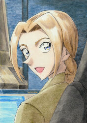 Rule 34 | 1girl, :d, aoyama goushou (style), artist name, bj1034 (tosashi), blue eyes, brown hair, brown jacket, colored pencil (medium), curtained hair, derivative work, from behind, highres, indoors, jacket, long hair, looking back, low ponytail, meitantei conan, naomi argento, official style, open mouth, ponytail, smile, solo, traditional media, upper body
