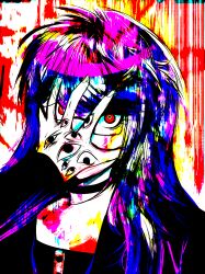 1girl absurdres black_hair blue_hair bow eyes_on_hands female_focus fingerless_gloves gloves hand_eye highres long_sleeves looking_at_viewer multicolored_hair pink_hair red_background red_bow red_eyes shizuhara_hiruko simple_background solo solo_focus surreal the_hundred_line_-last_defense_academy- upper_body yellow_background