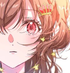1girl aijou_karen blurry_edges blush brown_hair close-up crown_hair_ornament hair_ornament hair_over_one_eye looking_at_viewer medium_hair parted_lips red_eyes rococomm123 shoujo_kageki_revue_starlight simple_background solo split_crop star_(symbol) straight-on swept_bangs two_side_up white_background