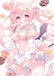 1girl apron blush breasts closed_mouth commentary_request cowboy_shot donut food frilled_apron frilled_skirt frills hair_ornament holding holding_donut holding_food kano_hito leg_up long_hair long_sleeves looking_at_viewer maid maid_headdress medium_breasts midriff original pink_eyes pink_hair pink_shoes pink_skirt shoes skirt solo thighhighs tongue tongue_out twintails white_apron white_thighhighs x_hair_ornament zettai_ryouiki