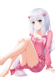 1girl absurdres barefoot blue_eyes bow closed_mouth collarbone dress_shirt eromanga_sensei frilled_shorts frills frown hair_bow highres izumi_sagiri long_hair long_sleeves multiple_hair_bows pink_bow pink_shirt pink_shorts ryon_y0421 shirt short_shorts shorts silver_hair simple_background sitting solo very_long_hair white_background