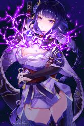 braid braided_ponytail breasts bridal_gauntlets cleavage cowboy_shot drawing_sword genshin_impact hair_ornament highres holding holding_sword holding_weapon human_scabbard japanese_clothes kimono large_breasts lightning long_hair looking_at_viewer mole mole_under_eye musou_isshin_(genshin_impact) obi ponytail purple_eyes purple_hair raiden_shogun sash short_kimono swept_bangs sword thighhighs tsukine122 very_long_hair weapon wide_sleeves