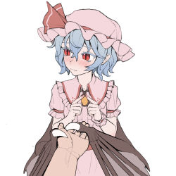 1boy 1girl averting_eyes bat_wings blue_hair blush center_frills closed_mouth collared_shirt cowboy_shot frilled_shirt_collar frills hand_on_another&#039;s_wing hat hat_ribbon highres index_fingers_together mob_cap pink_hat pink_shirt pink_skirt puffy_short_sleeves puffy_sleeves red_eyes red_ribbon remilia_scarlet ribbon shirt short_hair short_sleeves shy skirt slit_pupils touhou white_background wings wrist_cuffs youpofen