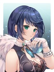 1girl bare_shoulders black_dress blue_hair blue_nails blush bob_cut bracelet breasts cleavage cleavage_cutout clothing_cutout colored_inner_hair commentary diagonal_bangs dice dress english_commentary fingerless_gloves from_side fur-trimmed_jacket fur_trim genshin_impact gloves green_eyes highres jacket jacket_on_shoulders jewelry large_breasts looking_at_viewer multicolored_hair nail_polish parted_lips shizukodesu short_hair solo upper_body white_gloves yelan_(genshin_impact)