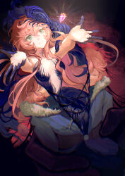 1girl aqua_eyes arms_up bare_arms bare_shoulders black_dress black_skin black_veil blue_veil breasts closed_mouth clothing_cutout colored_skin dark_background dress gem glint glowing gradient_skin hegai highres long_hair looking_at_viewer medium_breasts nautika_(reverse:1999) outstretched_hand pink_gemstone pink_hair plunging_neckline reverse:1999 side_cutout smile solo strapless strapless_dress two-tone_veil upper_body veil very_long_hair
