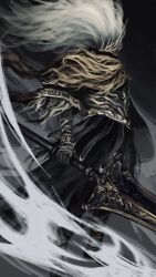 1boy bandaged_arm bandages black_robe cape commentary crown dark_souls_(series) dark_souls_iii english_commentary from_side full_body gradient_background grey_background grey_hair highres holding holding_sword holding_weapon long_hair male_focus nameless_king robe solo standing sword tworain_w weapon yellow_cape