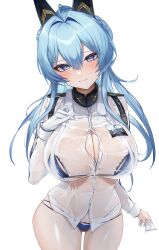 1girl absurdres ahoge bikini bikini_under_clothes blue_bikini blue_eyes blush breasts commentary_request cowboy_shot doorway gloves goddess_of_victory:_nikke hair_intakes hair_ornament helm_(aqua_marine)_(nikke) helm_(nikke) highres holding holding_gloves holding_unworn_clothes large_breasts looking_at_viewer official_alternate_costume see-through_clothes see-through_shirt shirt simple_background solo sun_0205 swimsuit thighs towel towel_around_neck unworn_gloves wet wet_clothes wet_shirt white_background white_gloves white_shirt