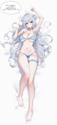 1girl absurdres arm_up armpits bare_legs bare_shoulders barefoot bed_sheet bikini blue_bikini blue_eyes bow breasts cleavage closed_mouth commentary_request commission dakimakura_(medium) empty_eyes feet hair_bow hair_bun hair_spread_out halterneck hand_up harin_(byeolbich) highres korean_commentary korean_text large_breasts long_hair looking_at_viewer lying navel on_back original second-party_source simple_background single_side_bun solo soymilk_arts2 speech_bubble stomach strap_gap string_bikini swimsuit thigh_gap thigh_strap toes translation_request very_long_hair wet white_background white_hair