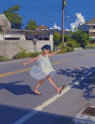 1girl amo_(amo_0514) black_hair blue_eyes blue_sky brown_sandals building chinese_commentary closed_mouth cloud commentary_request dappled_sunlight day dress flip-flops floating_clothes full_body grate highres house leg_up mirror original outdoors outstretched_arms power_lines reflection road sandals sewer_grate shadow short_hair simple_bird sky sleeveless sleeveless_dress smile solo spread_arms street sundress sunlight traffic_mirror tree tree_shade utility_pole walking white_dress