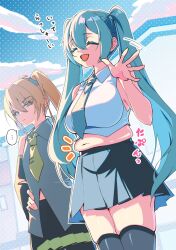 ... 2girls :d akita_neru aqua_hair bare_shoulders ben-day_dots black_skirt black_thighhighs blonde_hair breasts closed_eyes cowboy_shot detached_sleeves expressionless hair_between_eyes hatsune_miku highres hohihohihohinda large_breasts long_hair looking_at_another multiple_girls necktie open_mouth outdoors pleated_skirt plump screentones shirt side_ponytail skirt sky sleeveless small_breasts smile sound_effects spoken_ellipsis stomach thighhighs twintails vocaloid waving yellow_eyes zettai_ryouiki