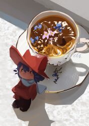 1other absurdres androgynous animal_hat black_pants black_shoes blue_flower blue_scarf brown_coat brown_hair brown_hat cat_hat chibi child coat commentary cup english_commentary flower hands_in_opposite_sleeves hat highres long_sleeves medium_hair mini_person niko_(oneshot) oneshot_(game) other_focus pants pink_flower saucer scarf shadches72 shadow shoes solo tea teacup wide_brim