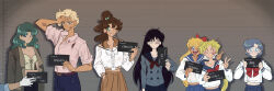 ^_^ absurdres aino_minako bishoujo_senshi_sailor_moon blonde_hair blue_eyes blue_hair blue_pants breasts brown_hair bruise bruise_on_face bruised_eye cigarette cleavage closed_eyes coat coat_on_shoulders commentary double_bun earrings glasses gloves green_eyes green_hair grey_eyes hair_bobbles hair_bun hair_ornament height_mark high_ponytail highres hino_rei holding holding_cigarette holding_sign injury jewelry kaiou_michiru kino_makoto lineup long_hair medium_breasts mercuri0ff mizuno_ami mugshot nameplate one_eye_closed pants ponytail purple_hair round_eyewear school_uniform serafuku short_hair sign smoke stud_earrings tan ten&#039;ou_haruka tongue tongue_out tsukino_usagi twintails very_long_hair white_gloves