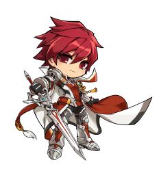 1boy absurdres armor armored_boots asymmetrical_gloves black_gloves black_pants boots cape chibi closed_mouth collared_cape elsword elsword_(character) fingerless_gloves floating_clothes full_body game_cg gloves grey_boots hair_between_eyes happy high_collar highres holding holding_sword holding_weapon hwansang legs_apart long_sleeves long_sword looking_at_viewer mismatched_gloves official_art pants pauldrons red_cape red_eyes red_hair red_shirt second-party_source shirt short_hair shoulder_armor single_fingerless_glove single_pauldron smile solo spiked_hair standing sword tachi-e tassel thigh_boots transparent_background tsurime two-sided_cape two-sided_fabric weapon white_cape